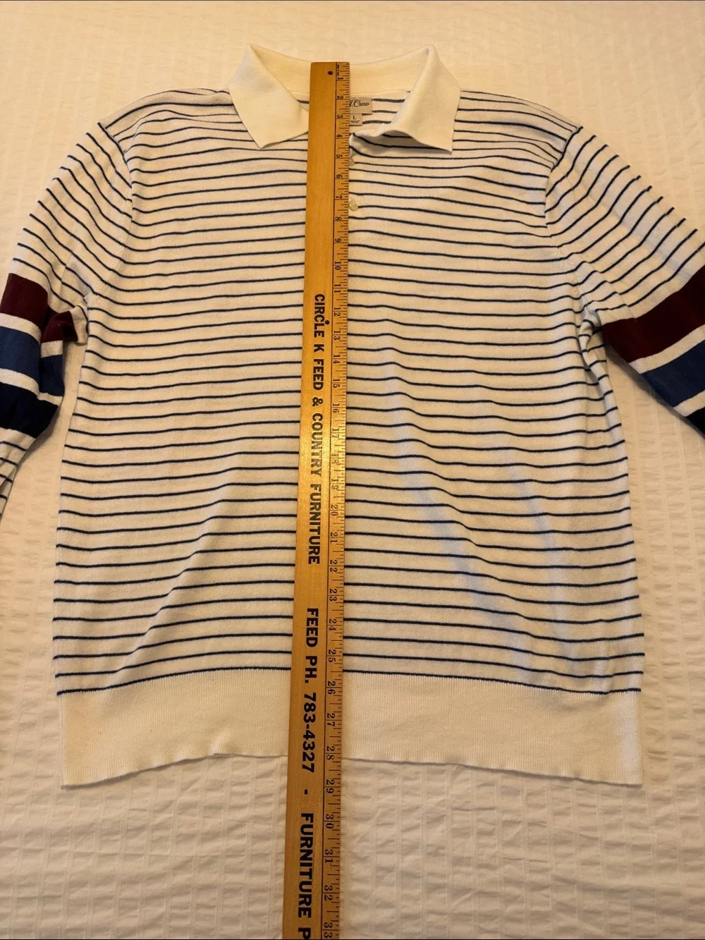 Men’s J.Crew L Striped Long-Sleeve Polo in White with Navy and Burgundy Accents